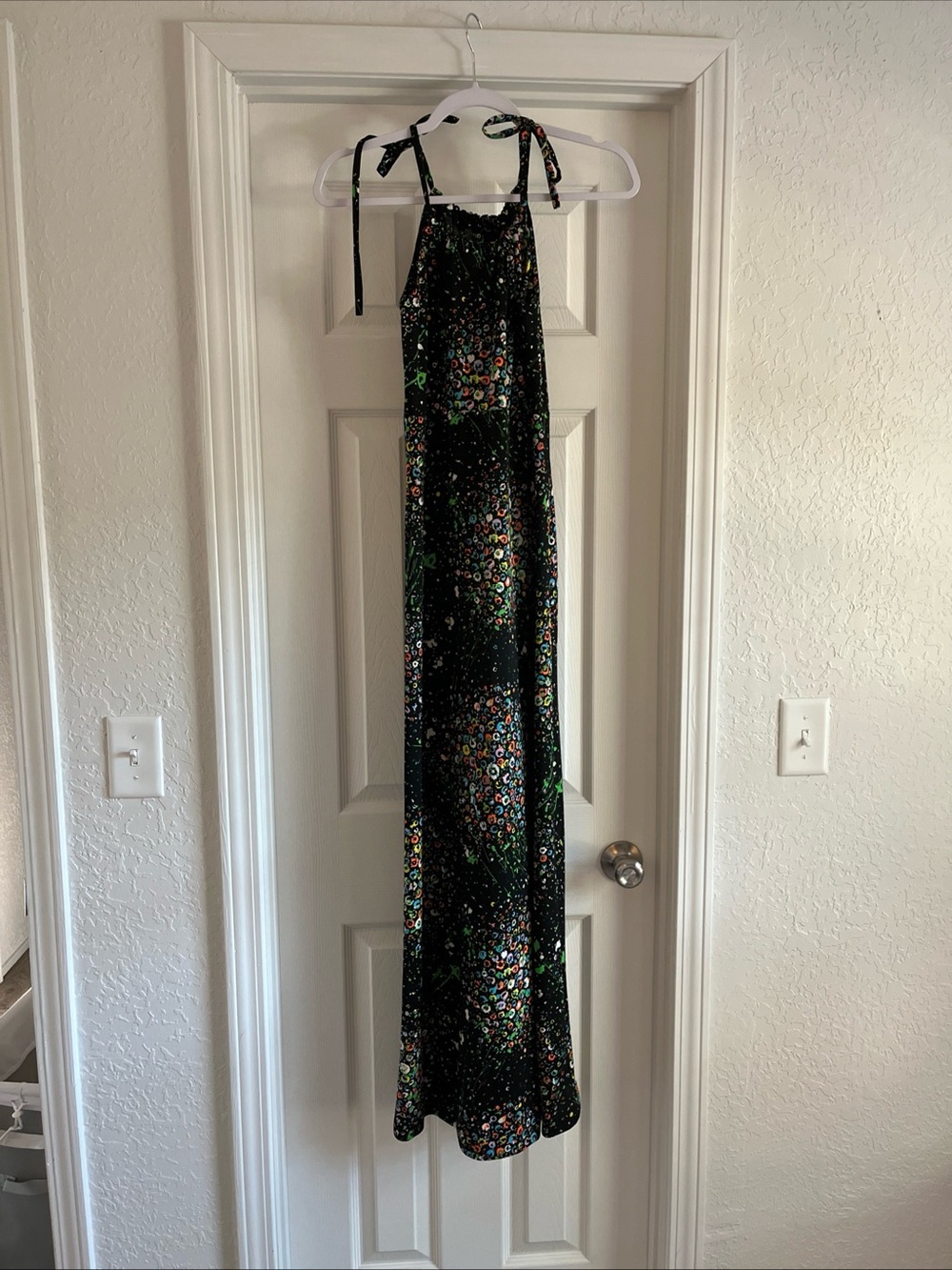 Vintage Retro Gay Gibson Floral Maxi Dress Sleeveless Tie Neck Stretchy Sz S